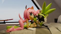 2girls 3d 3d_(artwork) amy_rose anthro ear_piercing female_only furry mobian_(species) sharp_teeth sonic_(series) sonic_the_hedgehog_(comics) sonic_the_hedgehog_(idw) sonic_the_hedgehog_(series) surge_the_tenrec