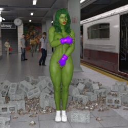 1girls 3d big_breasts breasts embarrassed_nude_female female female_focus green_hair green_skin marvel micklee nipples nude public public_nudity she-hulk solo_focus