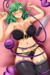 1girl big_breasts black_bra black_lingerie black_panties black_thighhighs bra butcher_knife child_bearing_hips closed_eye garter_belt garter_straps green_eyes green_hair heart_of_string knife koishi_komeiji large_breasts laying_down laying_on_bed lingerie medium_hair milkers mommy_milkers pink_background pinup_pose satori_(species) smile thick_thighs thighhighs third_eye_(touhou) touhou wheelerfortune wide_hips yellow_bow yellow_garter_straps