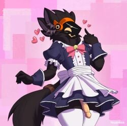 absurd_res accessory anthro bag bow_(feature) clothing colored dath digital_drawing_(artwork) digital_media_(artwork) final_fantasy final_fantasy_xiv furgonomics genitals heart_symbol hearts_around_head hi_res humanoid_genitalia machine maid_apron maid_uniform male multi_ear penis protogen solo square_enix tail tail_accessory tail_bag teuzrosa uniform
