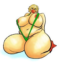 absurd_res anatid anseriform anthro avian big_breasts bikini_thong bird blonde_hair breasts clothing digital_media_(artwork) duck female hair hi_res large_female looking_at_viewer mature_female pokuyuno239 pube_peek pubes simple_background sitting slightly_chubby smile solo swimwear thick_thighs white_background wide_hips