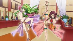 2girls belly_dancer belly_dancer_outfit blue_eyes breasts c.c. code_geass dancer dancer_outfit dancing female green_hair harem_outfit jewelry kallen_stadtfeld long_hair multiple_girls nipples no_sex ponytail red_hair short_hair standing standing_on_one_leg standing_split tagme