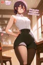 ai_assisted ai_generated anime anime_style cafe chainsaw_man choker collar comic_page exposed_shoulders hand_on_hip looking_at_viewer miaulust office_clothing office_lady pantyhose patreon_logo patreon_username pose posing posing_for_the_viewer purple_hair reze_(chainsaw_man) self_upload sexy sexy_pose short_hair shoulders skinny skinny_female sleeveless sleeveless_shirt smile smiling smiling_at_viewer thighs thighs_bigger_than_head thin_female thin_waist tight_clothes tight_clothing waitress winking winking_at_viewer