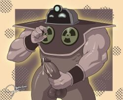 balls ballsack beefereater bodily_fluids boner brown_body cum cum_on_penis erection genitals guardian holding_penis male male_only muscular muscular_male nipple_play penis_holding playing_with_nipple regular_show