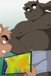 2026 anthro balls black_body black_fur black_nose bodily_fluids brown_body brown_fur canid canine canis clothing domestic_dog duo fur genitals hi_res kemono larger_but_small male mammal micropenis overweight overweight_male penis shibatanukiti simple_background small_penis standing sweat underwear