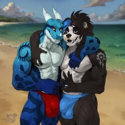 1:1 anthro ayse balls beach bear biceps blue_body blue_eyes bulge bulge_rubbing clothing dragon duo ear_piercing ear_ring facial_piercing gaku genital_outline genitals gesture giant_panda green_sclera hair hi_res horn male male/male mammal muscular muscular_male mythological_creature mythological_scalie mythology nipples nose_piercing nose_ring panpy_draws pec_grab pecs piercing red_eyes ring_piercing scalie septum_piercing septum_ring smile smirk standing underwear