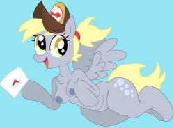 anthro areola blonde_hair blue_background breasts clothing cutie_mark derpy_hooves_(mlp) equid equine eyelashes feathered_wings feathers female friendship_is_magic front_view fur genitals grey_areola grey_body grey_feathers grey_fur grey_nipples hair hasbro hat hat_only headgear headgear_only headwear headwear_only hi_res holding_mail looking_at_viewer mammal medium_breasts mostly_nude mschaox6 my_little_pony mythological_creature mythological_equine mythology nipples open_mouth open_smile pegasus ponytail simple_background smile solo tail thick_thighs vulva wide_hips wings yellow_eyes yellow_tail