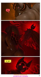 aamon_2_(james_howard) anthro balls bat cape clothing comic demon dialogue duo flaccid genitals glans glowing glowing_eyes gynomorph hi_res intersex intersex/male james_howard male mammal patreon penis red_eyes subscribestar tail tina_(james_howard)