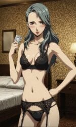 ai_generated bedroom blush bra cleavage condom confident flat_stomach garter_belt holding_condom lace lingerie offering offering_sex offering_to_viewer panties persona persona_5 propositioning sae_niijima seductive silver_hair slim_waist