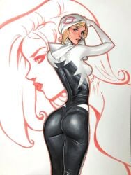 1girls ass big_ass blonde_hair bubble_butt celal_kok female female_only gwen_stacy marvel skin_tight solo spider-gwen spider-man_(series) traditional_media_(artwork)