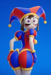 1girl :< ai_generated artist_request ass blue_background blue_gloves blue_hat blurry blurry_background blush breasts brown_hair commentary eye_twitch fortnite fortnite:_battle_royale glitch_productions gloves gooseworx hat highres jester jester_cap jester_costume large_breasts light-skinned_female looking_back multicolored_eyes open_mouth pomni pomni_(tadc) pomni_(the_amazing_digital_circus) purple_eyes red_eyes red_gloves red_hat short_sleeves simple_background solo solo_female striped_clothes striped_headwear sweat sweaty sweaty_ass the_amazing_digital_circus thighs vertical-striped_clothes vertical-striped_headwear