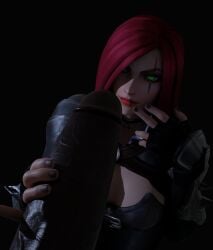 1girls 3d big_penis blowjob busty dark-skinned_male fellatio female green_eyes impending_oral interracial katarina_du_couteau oral penis red_hair