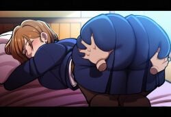1boy 1girls ai_generated analover21 ass_grab big_ass big_breasts blush brown_hair face_down_ass_up female grabbing_ass jujutsu_kaisen jujutsu_tech_uniform kugisaki_nobara male nobara_kugisaki novelai on_bed sleep_molestation sleeping