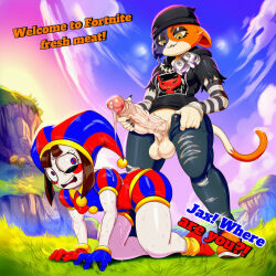 1futa 1girls ai_generated all_fours anthro badendbat_(artist) biting_own_lip crossover fortnite furry futanari hand_on_own_penis imminent_rape imminent_sex jester looking_at_another meow_skulls_(fortnite) novelai penis pomni_(the_amazing_digital_circus) precum precum_drip testicles the_amazing_digital_circus veiny_penis yellow_eyes