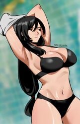 1girls big_breasts black_hair black_lingerie breasts breasts_out exposed_breasts female final_fantasy final_fantasy_vii final_fantasy_vii_remake large_breasts lingerie long_hair red_eyes selvish94 tifa_lockhart undressing
