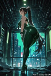 1girl ai_assisted ai_generated ass bangs bare_shoulders black_footwear black_hair breasts building city cityscape curvaceous curvy curvy_female curvy_figure earrings eve_(stellar_blade) female fingerless_gloves from_behind full_body full_moon gloves high_heels jewelry large_breasts long_hair looking_at_viewer looking_back miyuai moon moonlight night night_sky outdoors ponytail shiny shiny_clothes sky skyscraper sleeveless solo stellar_blade thick thick_ass thick_butt thick_hips thick_legs thick_thighs thighs very_long_hair voluptuous voluptuous_female wide_hips wide_thighs
