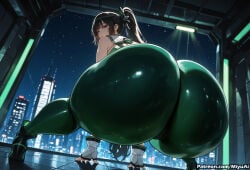 1girl ai_assisted ai_generated ass ass_focus bangs bare_shoulders black_hair bodysuit breasts brown_eyes building city curvaceous curvy curvy_female curvy_figure eve_(stellar_blade) female from_behind gloves hair_ribbon huge_ass large_breasts long_hair looking_at_viewer looking_back miyuai night night_sky ponytail sky skyscraper solo space stellar_blade thick thick_ass thick_butt thick_hips thick_legs thick_thighs thighs voluptuous voluptuous_female wide_hips wide_thighs