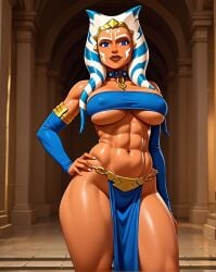 abs ahsoka_tano ai_generated big_ass big_breasts blue_clothing blue_eyes breasts clone_wars hand_on_hip montrals muscular muscular_female orange_body slave slave_ahsoka slave_collar slave_girl slave_outfit star_wars thick_thighs togruta