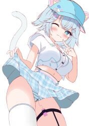 aroused asymmetrical_legwear blush cat_girl cat_tail closed_mouth cropped_hoodie finger_on_chin hoodie in_heat index_finger_raised maimai_(game) milk_(maimai) naughty_face navel one_eye_closed pleasure pussy_juice short_hair skirt_lift stained_panties striped_panties thigh_strap thighhighs thighs vibrator_under_panties wavy_mouth white_hair white_tail