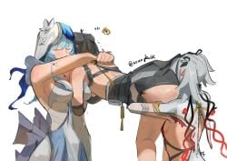 3girls absurdres arm_between_breasts ass_worship between_breasts blush breasts camellya_(wuthering_waves) commentary derivative_work english_commentary face_in_ass female_pervert female_rover_(wuthering_waves) highres hug multiple_girls parody pervert rover_(wuthering_waves) scene_reference shorekeeper_(wuthering_waves) simple_background twitter_username white_background wuthering_waves yuri