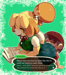 1boy 1girl animal_crossing animal_crossing:_new_leaf animal_ears animal_hands ass barefoot bell black_eyes blonde_hair blue_skirt blush_stickers body_fur breasts brown_hair character_name closed_eyes commentary dog_ears dog_girl dog_tail english_commentary english_text face_in_ass full_body furry furry_female furry_with_non-furry green_background green_vest hair_bell hair_ornament hair_tie half-closed_eyes hands_up hetero highres holding interspecies isabelle_(animal_crossing) jingle_bell lilmoonie looking_back medium_breasts miniskirt neck_ribbon open_mouth outline paper pencil_skirt plaid_clothes plaid_vest red_ribbon red_shirt ribbon shirt short_hair short_sleeves simple_background sitting_on_face skirt smile solo_focus speech_bubble squatting steam steaming_body sweat tail talking teeth thick_thighs thighs topknot two-tone_fur vest villager_(animal_crossing) white_fur white_outline white_shirt wide_hips yellow_fur
