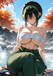 1girl ai_assisted ai_generated arm_support artist_name autumn autumn_leaves avatar:_the_way_of_water avatar_the_last_airbender bangs bare_shoulders black_hair blue_sky blush breasts cleavage closed_mouth cloud collarbone curvaceous curvy curvy_female curvy_figure day female green_eyes hair_between_eyes large_breasts leaf looking_at_viewer maple_leaf miyuai outdoors pants rock sarashi sitting sky smile solo strapless the_legend_of_aang thick thick_ass thick_butt thick_hips thick_legs thick_thighs toph_bei_fong tree underboob voluptuous voluptuous_female water waterfall wet wide_hips wide_thighs