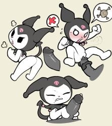 absurd_res angry anthro black_clothing black_hat black_headwear blush bodily_fluids butt clothing demon duo eyelashes female genital_fluids genitals glans hat headgear headwear hi_res holding_penis humanoid_genitalia humanoid_penis itsunknownanon kuromi lagomorph leporid male male/female mammal onegai_my_melody penis pink_nose precum rabbit sanrio simple_background skull_symbol spade_tail sweat tail vulva white_body