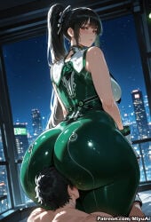1boy 1girl ai_assisted ai_generated ass bangs bare_shoulders black_hair bodysuit breasts brown_eyes city curvaceous curvy curvy_female curvy_figure eve_(stellar_blade) female from_behind gloves hetero huge_ass large_breasts long_hair looking_back miyuai night night_sky ponytail sitting sitting_on_face sitting_on_person sky stellar_blade thick thick_ass thick_butt thick_hips thick_legs thick_thighs thighs voluptuous voluptuous_female wide_hips wide_thighs
