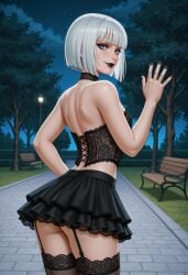 ai_generated black_lipstick black_nails blindparty blue_eyes choker corset crossdressing femboy garter_straps goth goth_boy hime_cut miniskirt night outside park short_hair skirt stockings trap white_hair