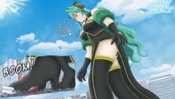 black_and_gold black_horns black_leggings casual_destruction collateral_damage daikaitenf destruction destruction_of_property dialogue english english_dialogue english_text english_translation fufufu giant_female giantess gold_eyes green_hair heel_boots heels horn horns larger_female long_hair macro macro_female red_gem shironeko_project smaller_female stepping_on_object tagme_(character) vehicle_destruction yellow_eyes