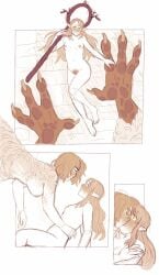 2girls blush colored_sketch comic dungeon_meshi falin_touden falin_touden_(chimera) fawnduu limited_palette marcille_donato nude pubic_hair size_difference yuri