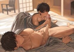 2boys abs bare_breasts big_glans big_penis blush both_hands_on_penis bottomless breasts brother brothers brown_eyes brown_hair censor_bar censored censored_penis collarbone duo erection fellatio foreskin foreskin_folds futon gay handjob hi_res holding_penis huge_cock incest indoors japanese_clothes japanese_room jerking kimono legs_apart licking licking_penis lying lying_on_back lying_on_bed male male/male male_only mature_male morning_wood muscles muscular muscular_male navel nayoshi_(r-744) no_body_hair nude open_clothes oral oral_sex original original_character pecs penis pointless_censoring practically_nude precum precum_drip red_glans retracted_foreskin sex short_hair six_pack sleep_molestation sleep_sex sleeping striped_clothing sunlight thick_penis veiny_penis wanking yaoi yukata