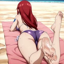 1girl 1girls ai_generated ass ass_focus back back_view beach bikini erza_scarlet fairy_tail feet feet_focus feet_up female female_only foot_fetish haremoverlord soles thick_thighs viewed_from_behind