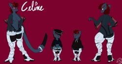 256:135 anthro barely_visible_genitalia barely_visible_vulva biped blue_body bottomwear capcom celine_armand clothing cybernetic_leg cybernetic_limb cybernetics denim denim_bottomwear denim_clothing denim_shorts female female_anthro flying_wyvern fur fur_markings genitals hair hands_on_hips hat headgear headwear hi_res hoodie jacket machine markings model_sheet monster_hunter nargacuga nipples prosthetic prosthetic_leg prosthetic_limb red_hair shorts simple_background solo standing topwear vulva vvitchpunk