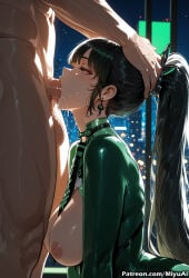 1boy 1girl ai_assisted ai_generated bangs black_hair blush breasts breasts_outside choker clothed_female_nude_male cum cum_in_mouth curvaceous curvy curvy_female curvy_figure deepthroat dress earrings eve_(stellar_blade) fellatio female from_side green_dress hand_on_another's_head hetero indoors irrumatio jewelry large_breasts long_hair miyuai moon night night_sky nipples oral penis ponytail saliva sky stellar_blade testicles thick thick_ass thick_butt thick_hips thick_legs thick_thighs voluptuous voluptuous_female wide_hips wide_thighs window