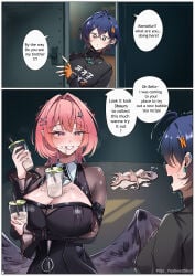 1boy 2girls absurdres after_sex artist_name belle_(zenless_zone_zero) big_breasts black_dress black_shirt black_shrug black_wings blue_eyes breasts brother_and_sister bubble_tea bubble_tea_challenge cleavage colored_nails commentary_request completely_nude cum cum_in_mouth cum_on_body cum_on_breasts cum_on_face cum_on_mouth cup disposable_cup dress drinking_cum english_text exhausted exhausted_male gokkun hair_ornament hetero highres holding holding_cup large_breasts letter_hair_ornament mija_(mija1890) multiple_girls nude painted_nails penis pink_hair pointy_ears purple_eyes red_nails remielle_dan ribs shirt short_hair shrug_(clothing) siblings sunken_cheeks wings wise_(zenless_zone_zero) zenless_zone_zero