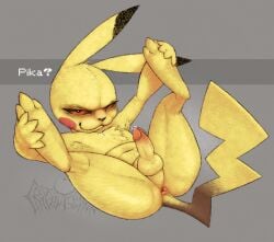 anthro anus armpit_hair balls belly bodily_fluids body_hair chest_tuft cryptidfelinoid dark_sclera dialogue digitigrade erection fur generation_1_pokemon genital_fluids genitals grey_background humanoid_genitalia humanoid_penis logo looking_at_viewer lying male mammal nintendo no_sclera on_back paws penis perineum pikachu pokemon pokemon_(species) pokemon_speak precum presenting presenting_anus presenting_penis rodent simple_background smug solo spread_legs spreading tail text tuft yellow_body yellow_fur