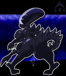 alien alien_(franchise) anus big_breasts big_butt black_body black_nipples bodily_fluids breasts butt elongated_head eyeless female genital_fluids genitals hi_res humanoid looking_at_viewer looking_back looking_back_at_viewer mschaox6 nipples rear_view smile solo tail tail_ridge thick_thighs vaginal_fluids vulva wide_hips xenomorph