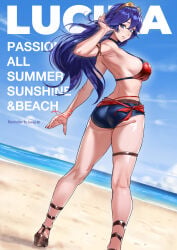 1girls ass beach blue_eyes blue_hair bubble_butt fire_emblem fire_emblem_awakening juaagacgy large_breasts long_hair lucina_(fire_emblem) nintendo ocean royalty sand seaside two-piece_swimsuit