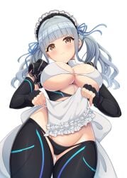 1girl apron black_panties black_pants black_shirt blue_ribbon blunt_bangs blush bra breasts brown_eyes closed_mouth clothes_lift commentary_request detached_sleeves dolphin_wave frilled_apron frills grey_hair hair_ribbon highres large_breasts lifting_own_clothes looking_at_viewer maid_apron maid_headdress nagato_mei panties pants pinesphere ribbon shirt shirt_lift sidelocks simple_background solo standing underboob underwear white_background white_bra