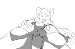 2019 anthro balls blush canid canine clothed clothing flaccid fox fox_mccloud fur hair hi_res humanoid_penis male male_only mammal miau monochrome nintendo penis simple_background solo star_fox video_games