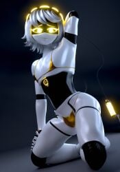 3d 3d_(artwork) 3d_model 3d_render 777bronzestar armpits arms_behind_head bikini bikini_bottom bikini_top blender blender_(software) blender_cycles blender_cycles_(artwork) femboy femboy_focus femboy_only glitch_productions glowing glowing_eyes gold_bikini golden_bikini looking_at_viewer murder_drones n_(murder_drones) nipple_outline nipples_visible_through_clothing robot robot_boy robot_humanoid screen_face short_hair silver_hair simple_background tail two-tone_body white_body white_hair