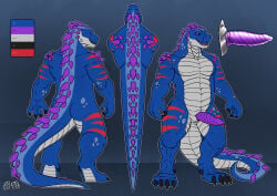 2024 anthro back_spikes black_claws black_sclera blue_body butt claws color_swatch dated dinosaur erection front_view genitals head_spikes hi_res hufnaar kian_(fenrir_garou) looking_at_viewer male male_anthro model_sheet muscular muscular_anthro muscular_male nude open_mouth overweight overweight_anthro overweight_male penis prehistoric_species purple_eyes purple_penis purple_tongue rear_view red_stripes reptile scales scalie simple_background solo spiked_tail spikes spikes_(anatomy) standing striped_arms striped_legs stripes tail toe_claws tongue white_body white_scales