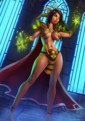 1girls big_breasts bikini_armor black_hair cape dark_hair elf evulart female female_only glowing_eyes green_eyes high_heels open_toe_shoes solo stiletto_heels warlock