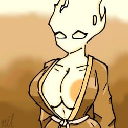 adult breast_focus cleavage female female_only large_breasts looking_at_viewer open_clothes robe simple_background solo upper_body