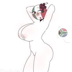 1girls armpits arms_up big_ass big_breasts blush breasts countryhumans countryhumans_girl different_eye_color flower_on_head green_eyes mexico_(countryhumans) pink_nipples red_eyes side_view south_africa_(countryhumans) standing thick_thighs white_background white_body white_skin world_cup xx.canada.xx