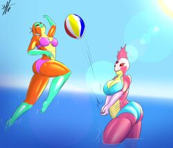 3_eyes alien alien_girl alien_only amphibian amphibian_female ass beach beach_ball big_ass big_breasts bikini breasts female female_only helium2 hylotl orange_body pink_body red_eyes starbound tagme three_eyes water