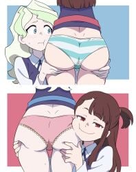 2girls aqua_panties ass ass_focus ass_grab ass_support ass_worship asymmetrical_bangs blue_eyes blue_vest blush brown_hair cheek_press commentary diana_cavendish dimples_of_venus english_commentary girlfriend_booty_(meme) green_hair hands_on_another's_ass highres infd kagari_atsuko little_witch_academia long_hair looking_at_ass looking_at_viewer luna_nova_school_uniform meme multiple_girls no_pants panties pink_panties ponytail school_uniform shirt short_ponytail small_sweatdrop smile spreading_another's_ass striped_clothes striped_panties sweat two-tone_panties underwear vest white_panties white_shirt wing_collar