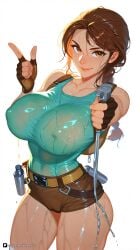 1girl ai_generated artist_name belt braid breasts brown_eyes brown_gloves brown_hair brown_shorts covered_nipples fingerless_gloves gloves huge_breasts lara_croft large_breasts long_hair looking_at_viewer patreon questionable see-through shirt short_shorts shorts simple_background single_braid smile solo tank_top thick_thighs thighhighs thighs tomb_raider wet wet_clothes white_background white_thighhighs