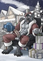 abs anthro barefoot bottomwear christmas christmas_clothing christmas_headwear claws clothed clothing erection fangs feet finger_claws front_view genitals hair hat headgear headwear hi_res holding_present holidays hufnaar humanoid_genitalia humanoid_penis hyena looking_at_viewer male male_anthro mammal muscular muscular_anthro muscular_male navel nipples open_bottomwear open_clothing open_mouth open_pants open_smile open_topwear outside pants partially_colored pawpads pecs penis pink_nipples pink_pawpads pink_penis red_bottomwear red_clothing red_eyes red_pants red_tongue red_topwear santa_hat short_hair sitting smile solo teeth tongue topwear
